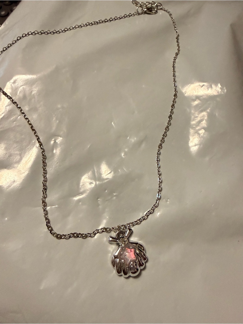 Silver Shell Pendant Necklace with Pink Accent - Women Jewelry
